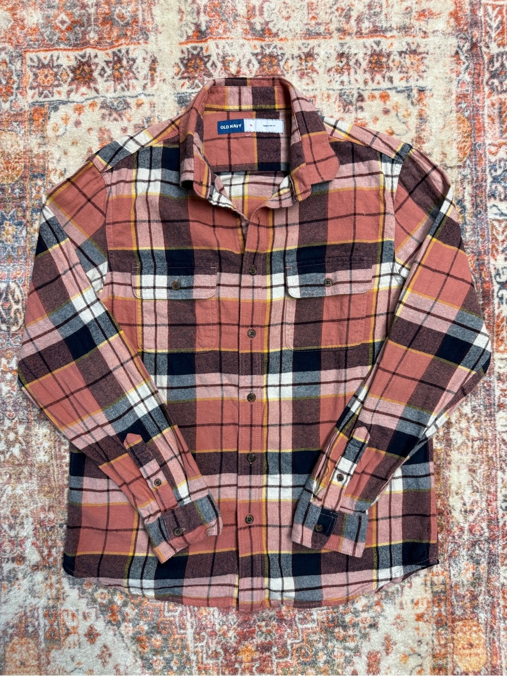 Old Navy Men’s Plaid Flannel Button Down Shirt Medium Pink/Navy/Yellow